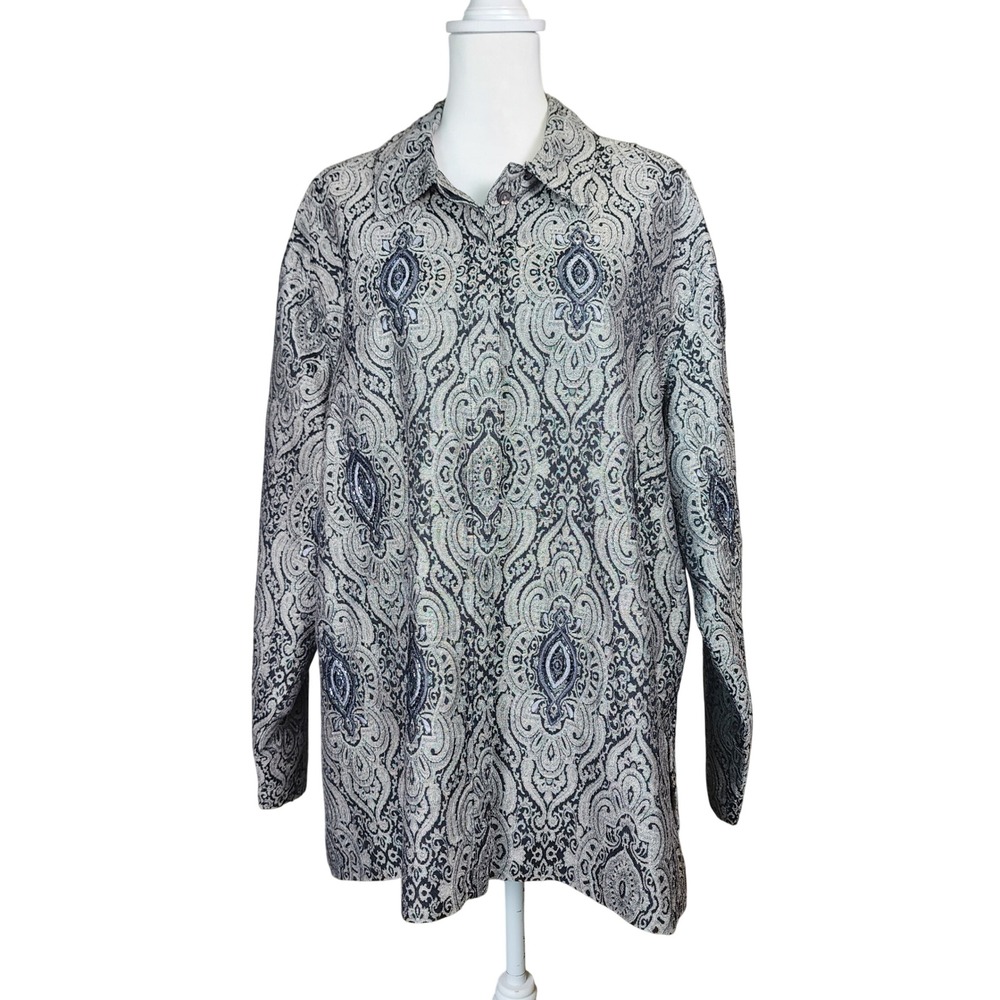 Laura Ashley Beaded Jacket Womens 3X Gray Paisley Jacquard Casual Office Layer